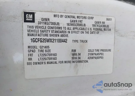 2002 Chevrolet Express z USA, uszkodzony, nr VIN 1GCFG25WX21100442